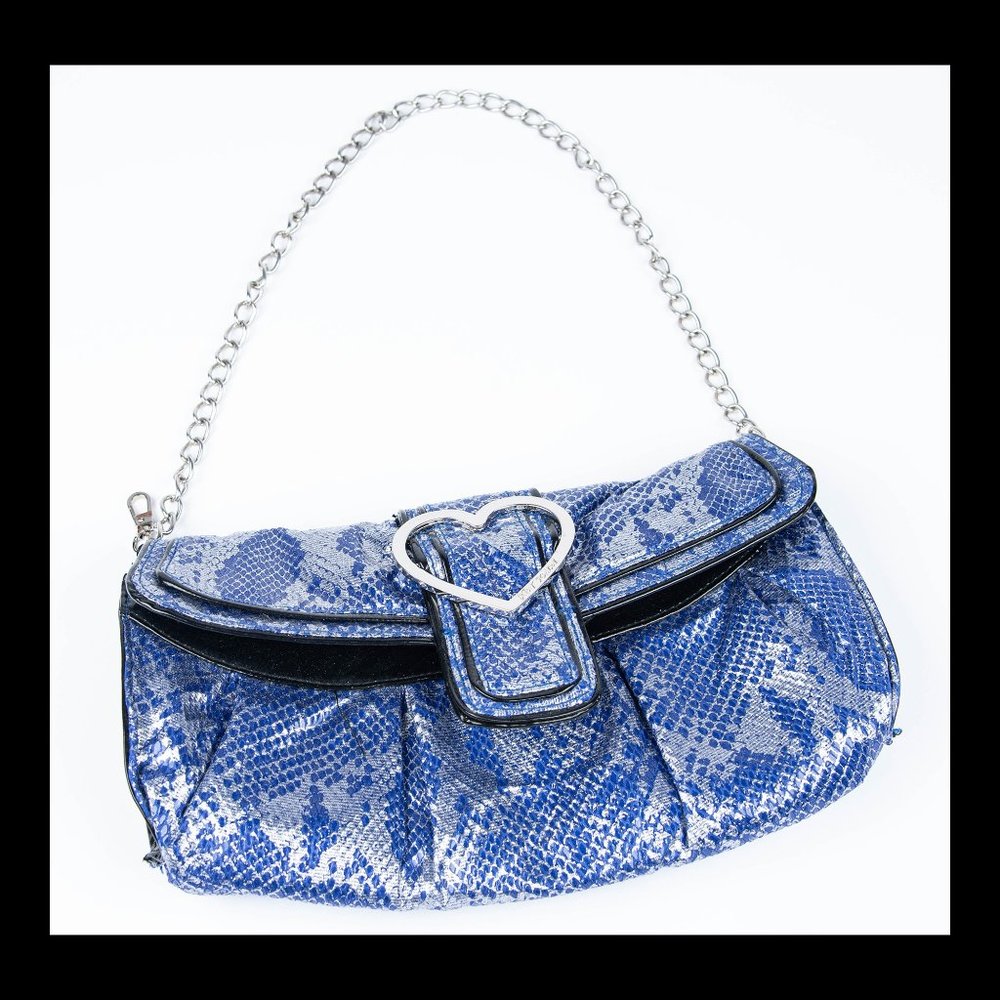 Betsey Johnson Womens Blue Silver Metallic Snakeskin Print Distressed Purse